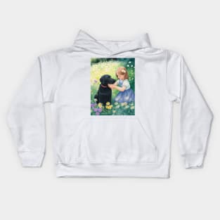 child hanging out with a dog. Kids Hoodie